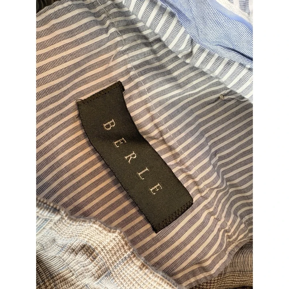 Berle Mens Linen Trousers 34x26 Plaid Check Blue Grey Flat Front Dress Pants